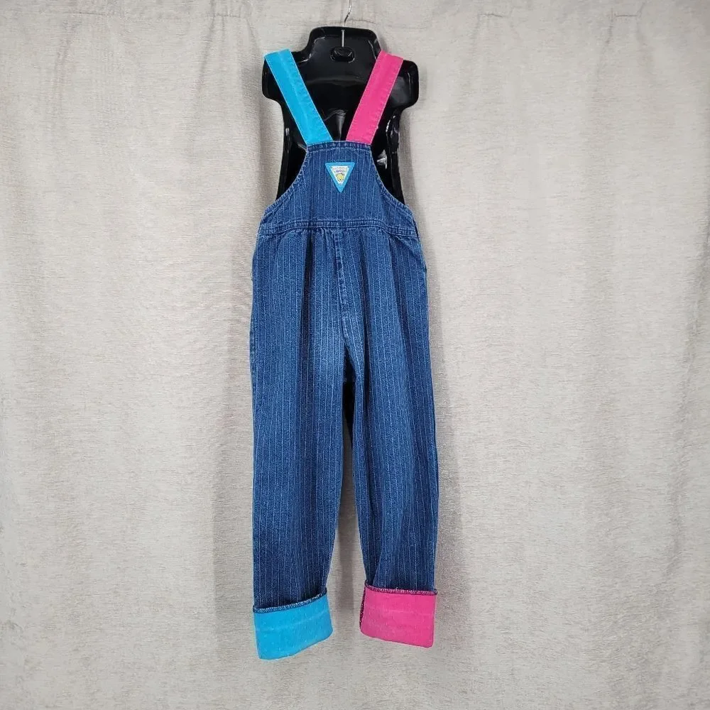Oshkosh Vintage Overalls Pin Stripe Pink Blue Yellow Character Bear Patch